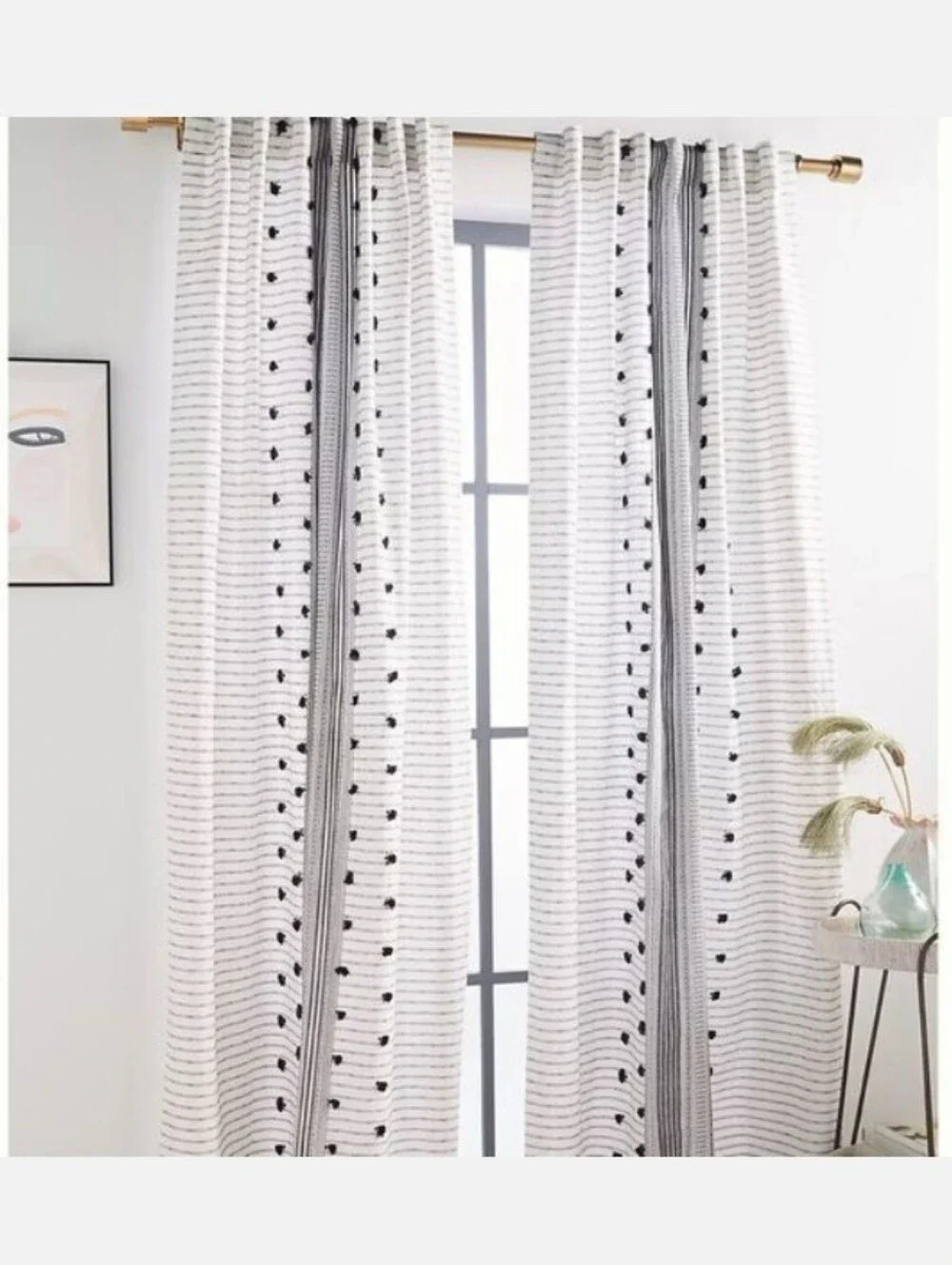Anthropologie Pendana Striped with Black Pom-Pom Curtains 100% Cotton 1 PANEL